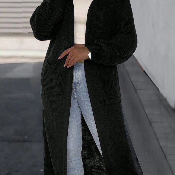 Black Preppy Womens Solid Color Drop Shoulder Cardigan With Double Po… - Picture 5 of 5